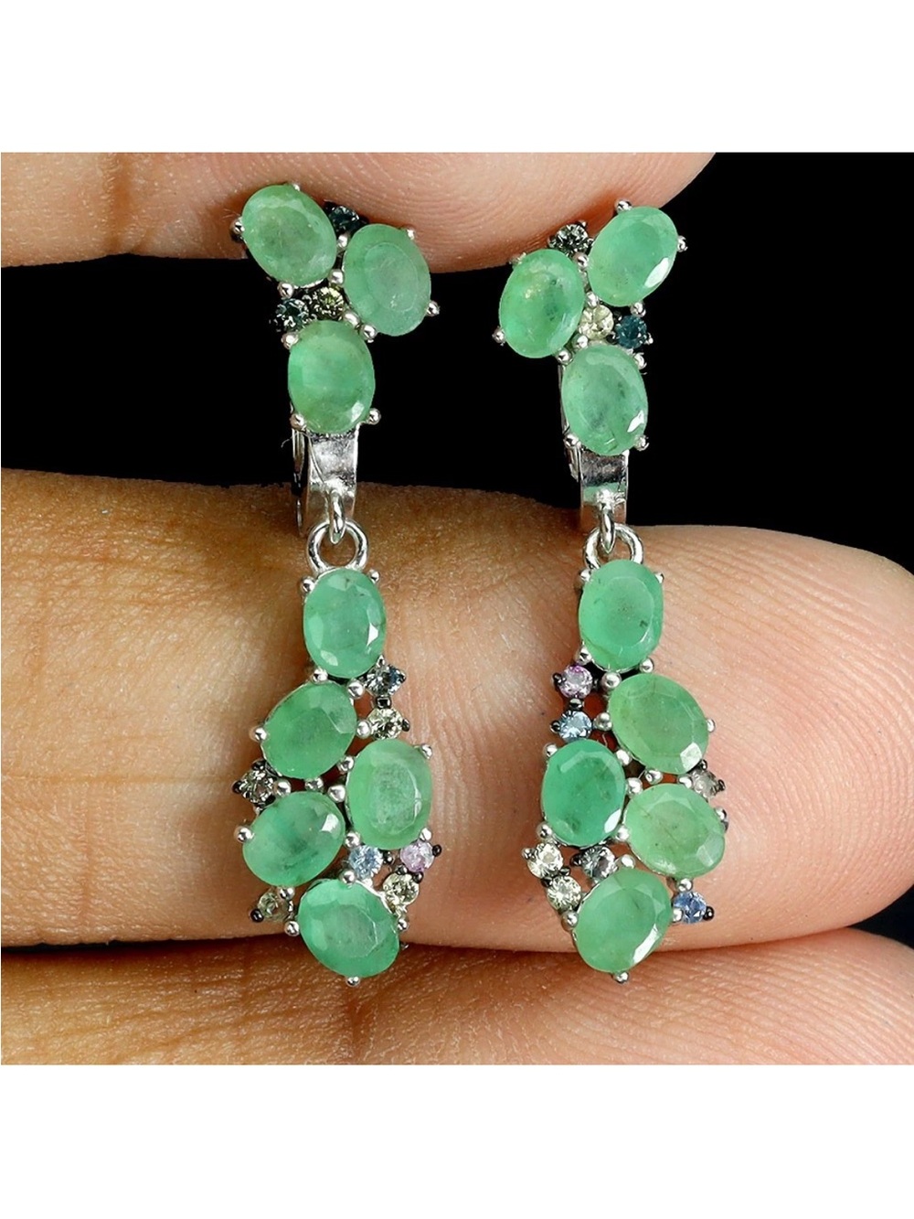 Fancy Genuine Emerald & Diamond cut Sapphire Drop Earrings 14K gold over 925 SS